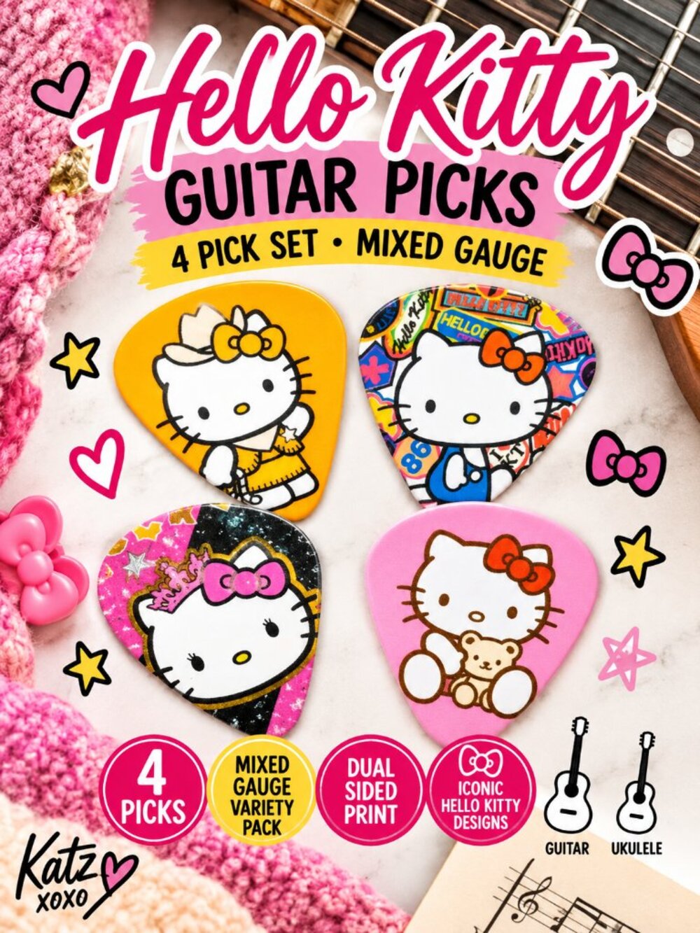 Hello Kitty Guitar Picks Set 4pcs Kawaii Pink Variety Plectrum Pack
